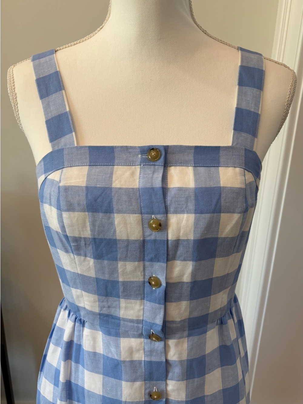 Gingham Sundress Blue and White J Crew Button-Front, Size 2, Linen Cottagecore - Picture 2 of 10